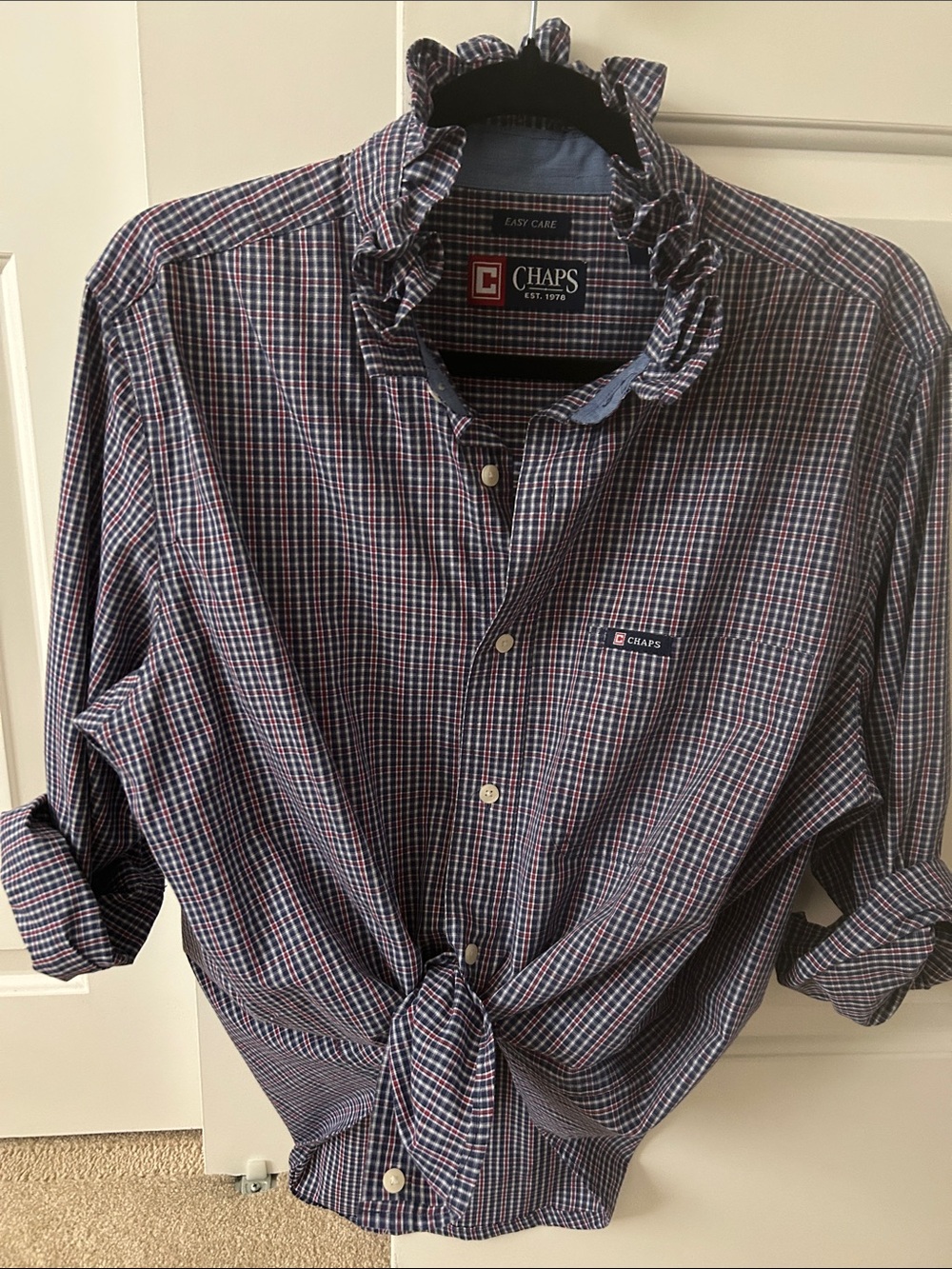 Chaps Men’s Navy, Red and White Plaid Button-Down Shirt